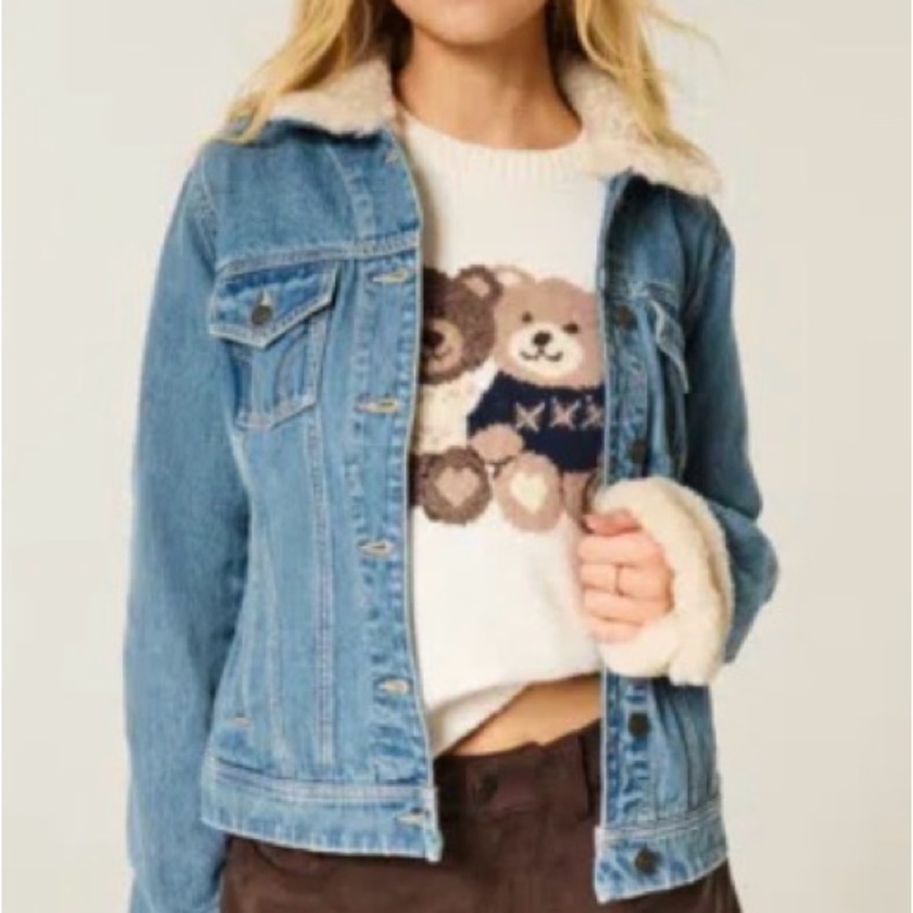 Hollister Blue Denim Jacket with Cream Faux Fur